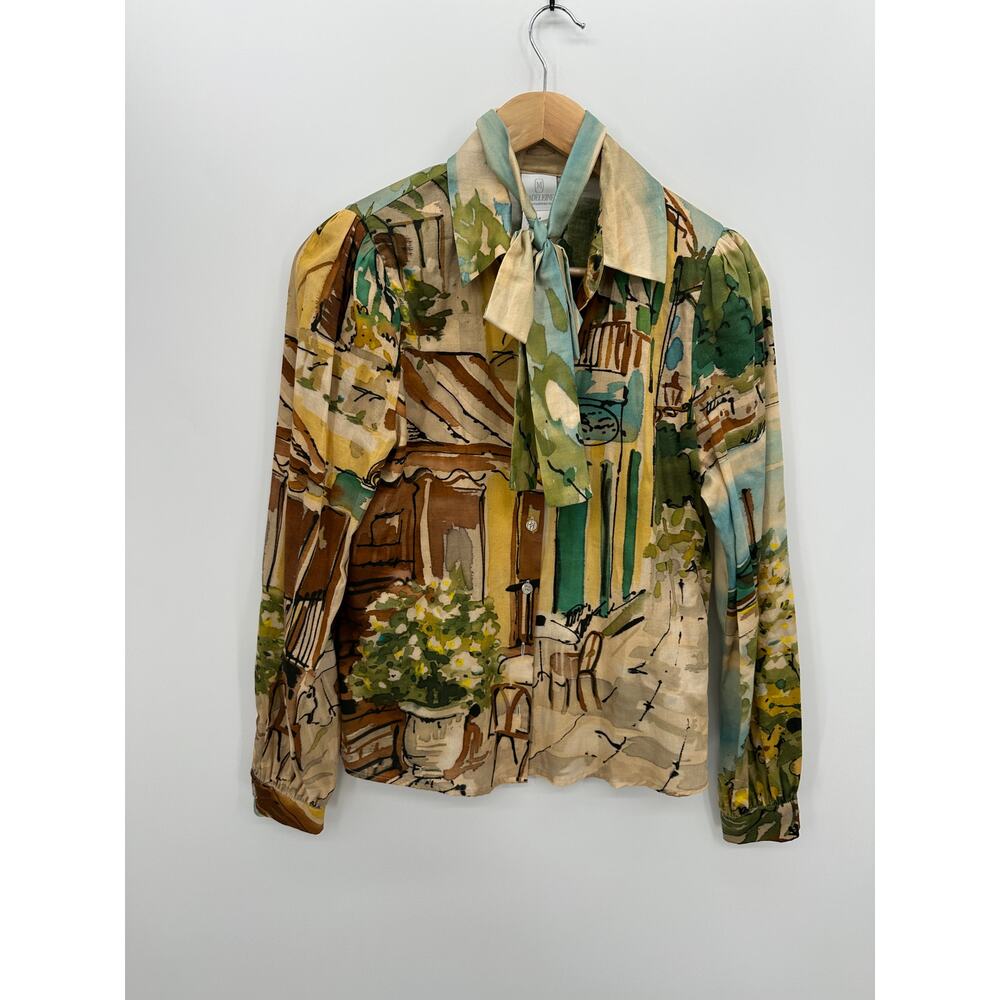 Madeleine Womens Size 4‎ Artsy Landscape Print Cotton Button Up Tie Neck Shirt